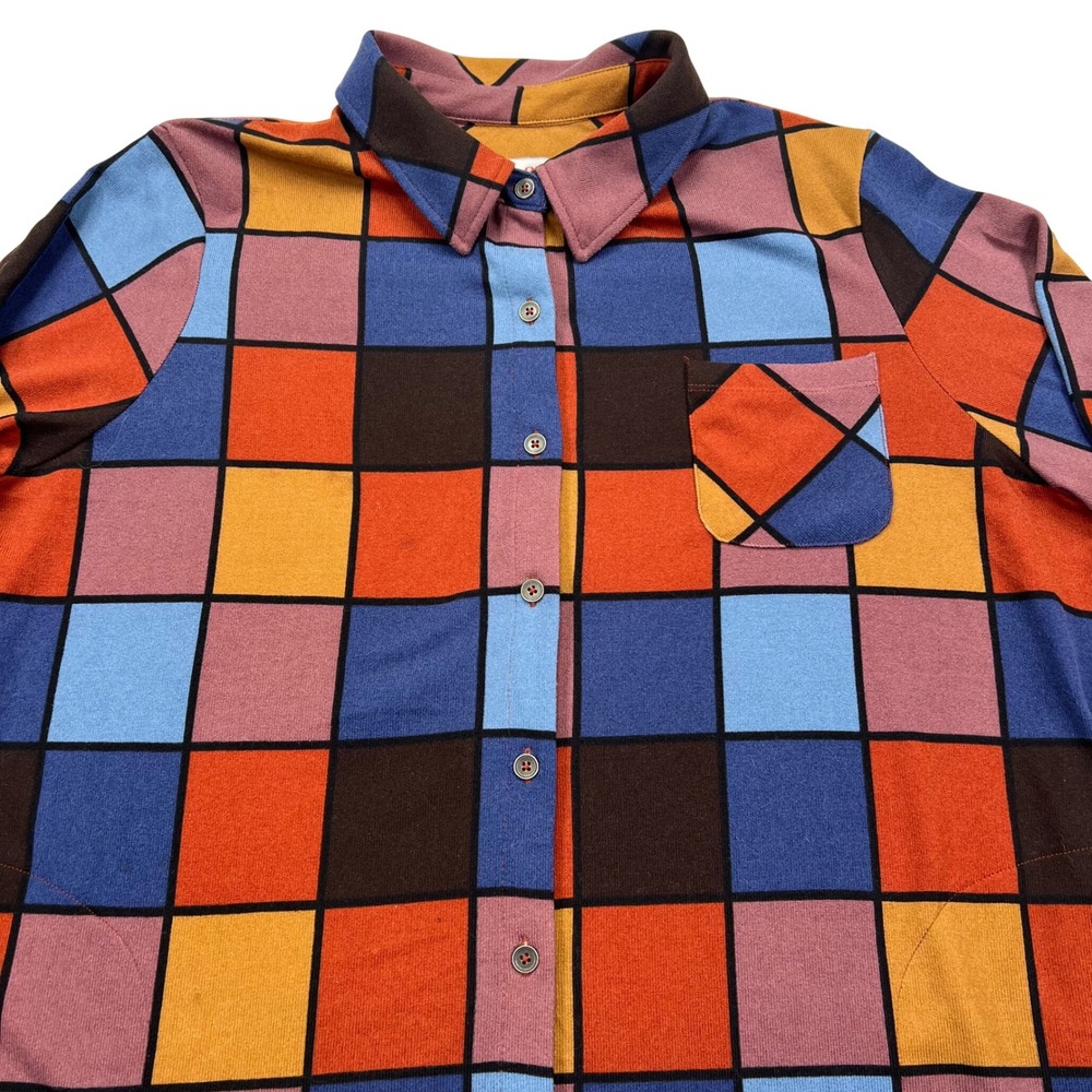 Denim & Co Button Down Shirt XLP Multi Color BlockFaux Pachwork Pockets VTG 90s